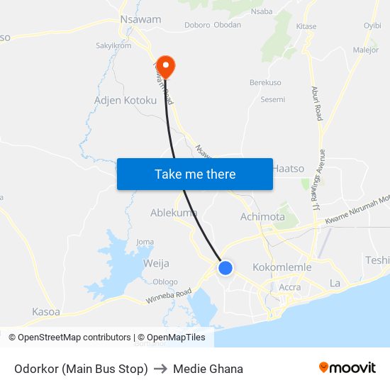 Odorkor (Main Bus Stop) to Medie Ghana map