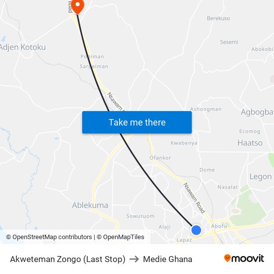 Akweteman Zongo (Last Stop) to Medie Ghana map
