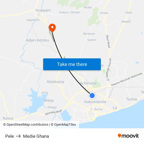 Pele to Medie Ghana map