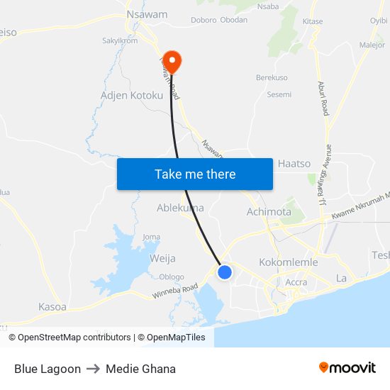 Blue Lagoon to Medie Ghana map