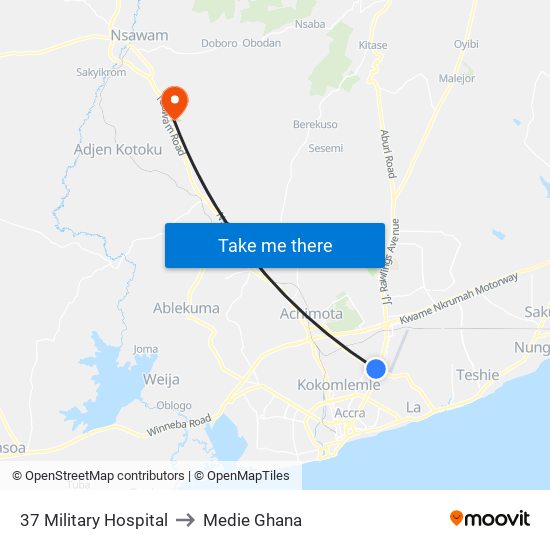 37 Military Hospital to Medie Ghana map