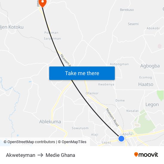 Akweteyman to Medie Ghana map