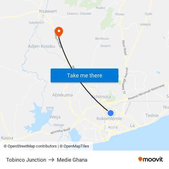 Tobinco Junction to Medie Ghana map