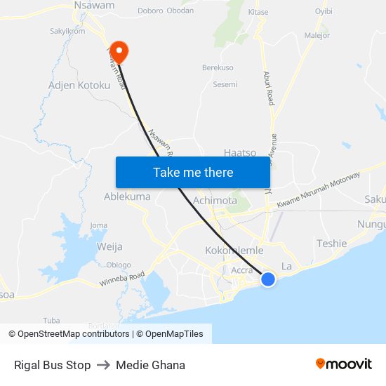Rigal Bus Stop to Medie Ghana map