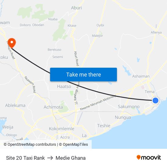 Site 20 Taxi Rank to Medie Ghana map