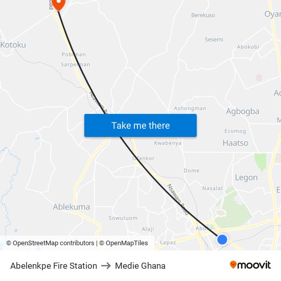 Abelenkpe Fire Station to Medie Ghana map