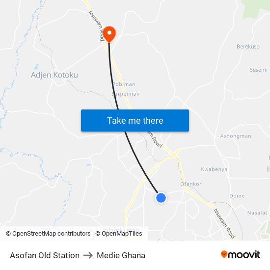 Asofan Old Station to Medie Ghana map