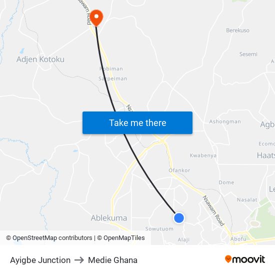 Ayigbe Junction to Medie Ghana map