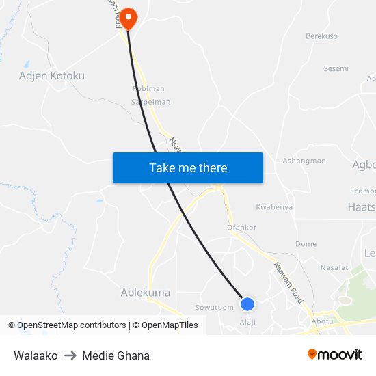 Walaako to Medie Ghana map