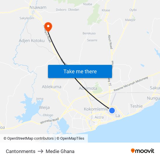 Cantonments to Medie Ghana map