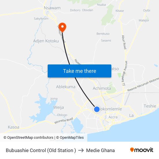 Bubuashie Control (Old Station ) to Medie Ghana map
