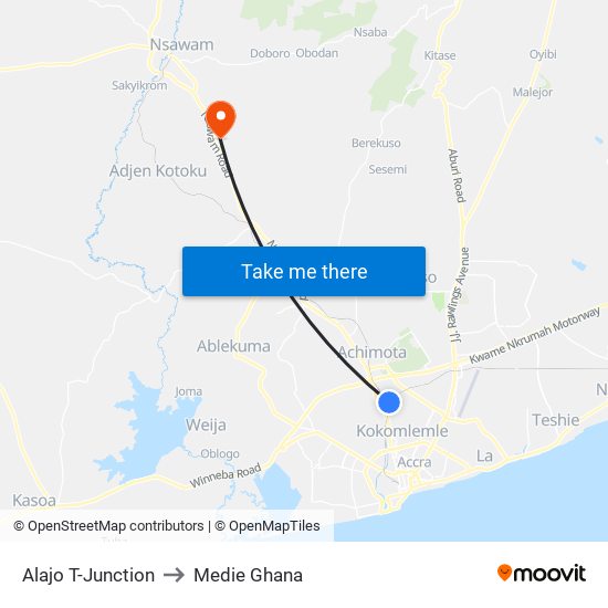 Alajo T-Junction to Medie Ghana map