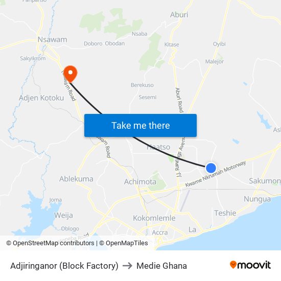 Adjiringanor (Block Factory) to Medie Ghana map