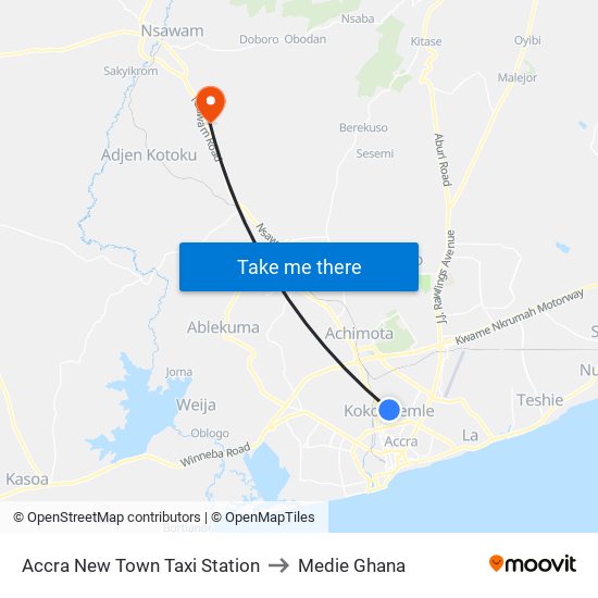 Accra New Town Taxi Station to Medie Ghana map