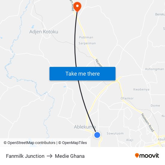 Fanmilk Junction to Medie Ghana map