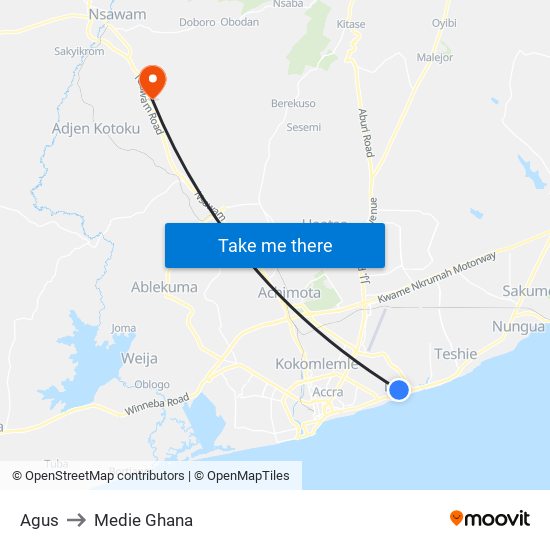 Agus to Medie Ghana map