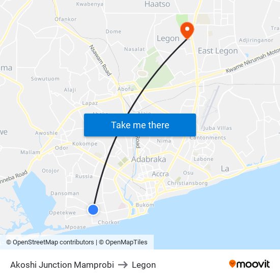 Akoshi Junction Mamprobi to Legon map