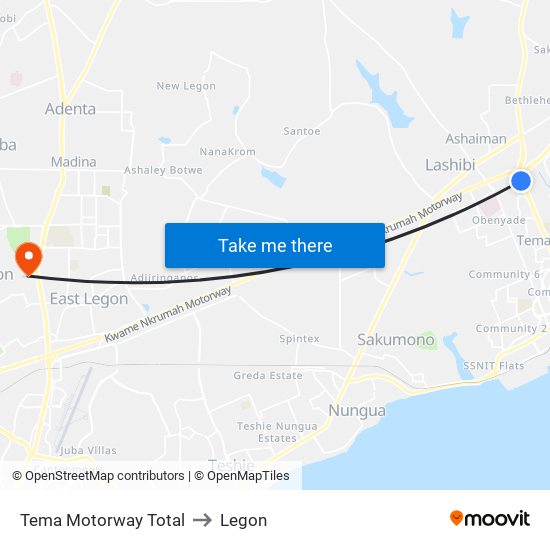 Tema Motorway Total to Legon map