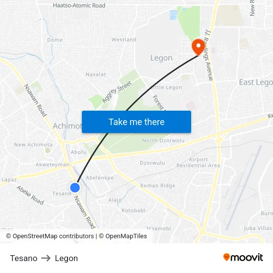 Tesano to Legon map