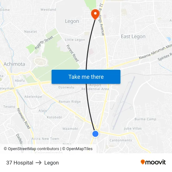 37 Hospital to Legon map