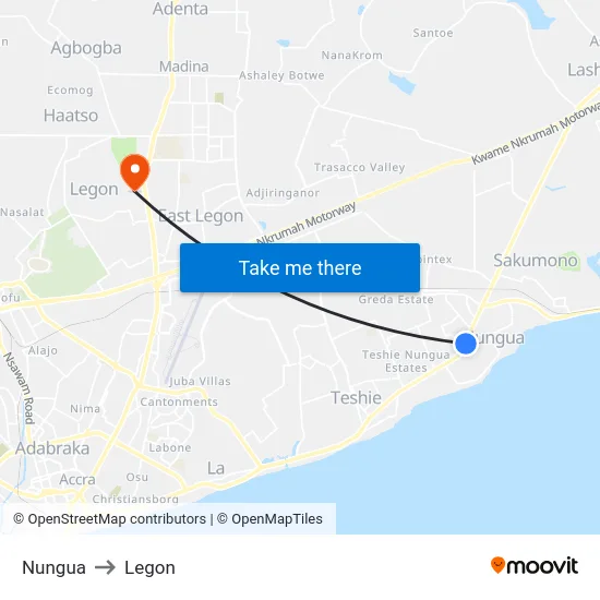 Nungua to Legon map
