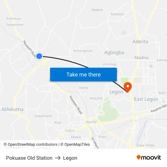 Pokuase Old Station to Legon map