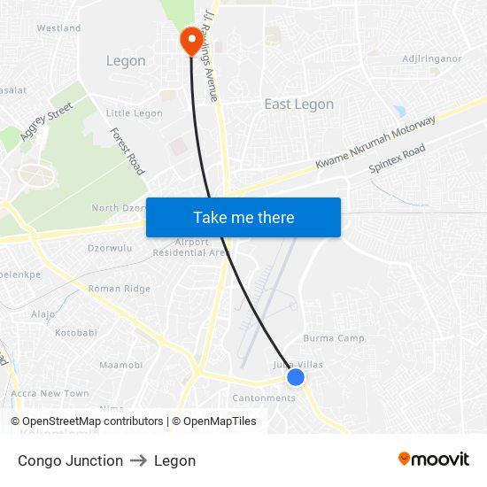 Congo Junction to Legon map