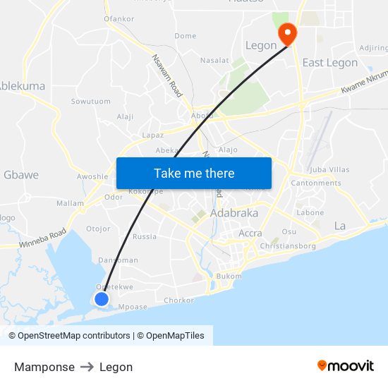 Mamponse to Legon map