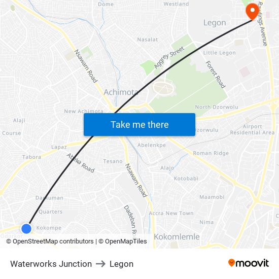 Waterworks Junction to Legon map