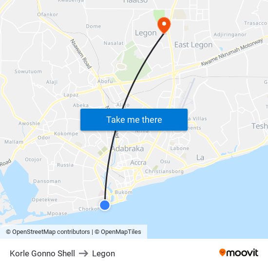 Korle Gonno Shell to Legon map