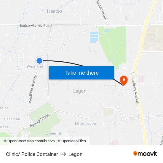 Clinic/ Police Container to Legon map