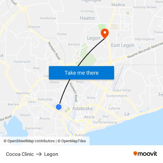 Cocoa Clinic to Legon map