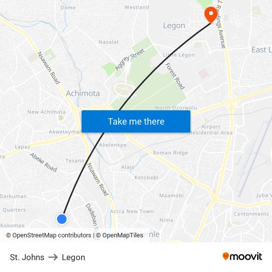 St. Johns to Legon map