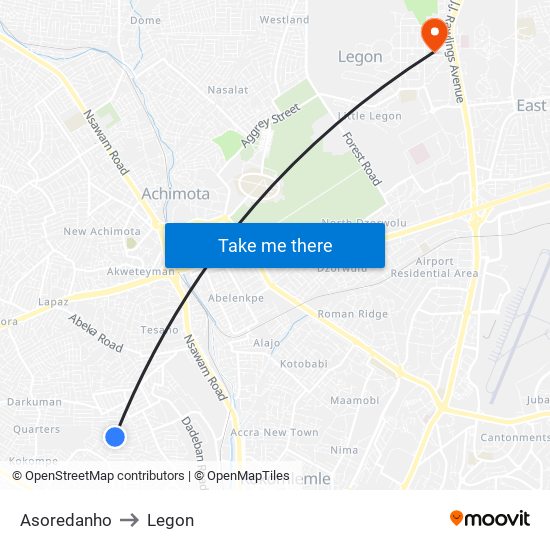 Asoredanho to Legon map