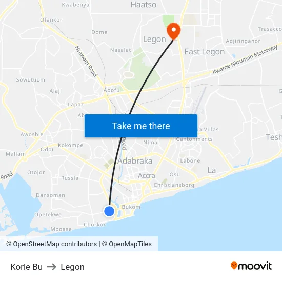 Korle Bu to Legon map