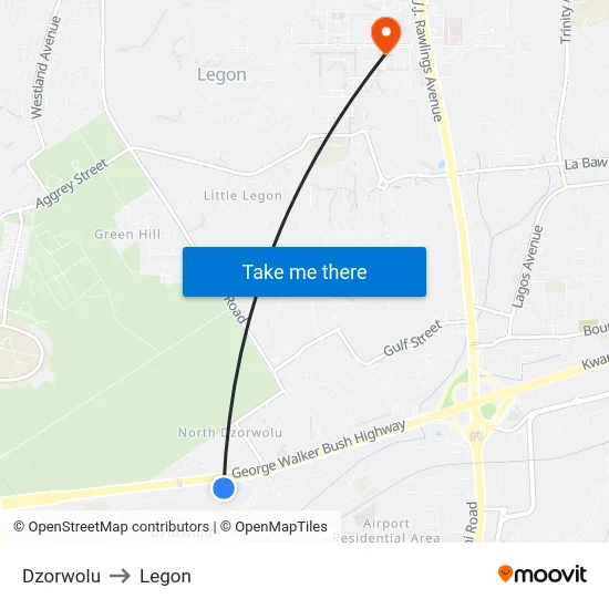 Dzorwolu to Legon map
