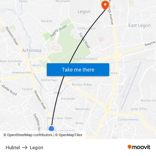 Hubtel to Legon map