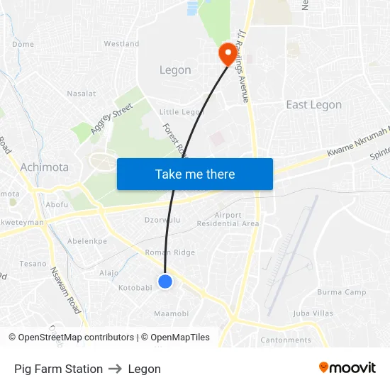 Pig Farm Station to Legon map