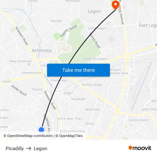 Picadilly to Legon map