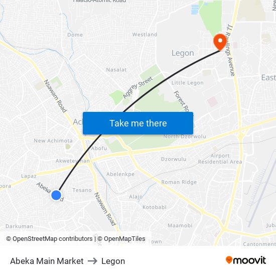 Abeka Main Market to Legon map