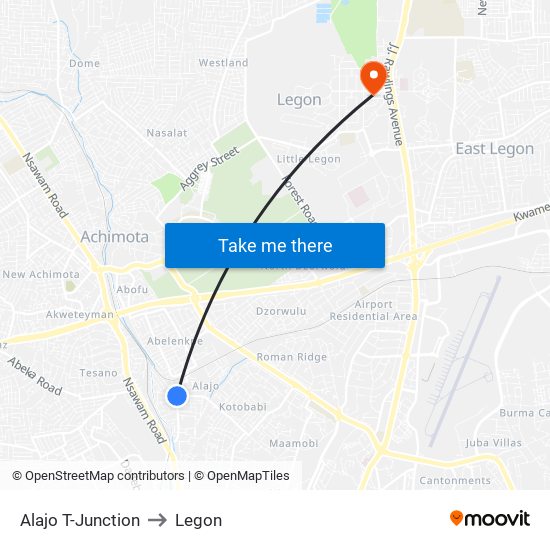 Alajo T-Junction to Legon map