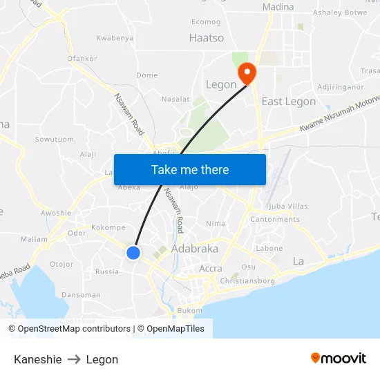 Kaneshie to Legon map