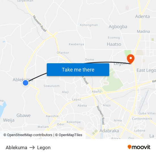 Ablekuma to Legon map