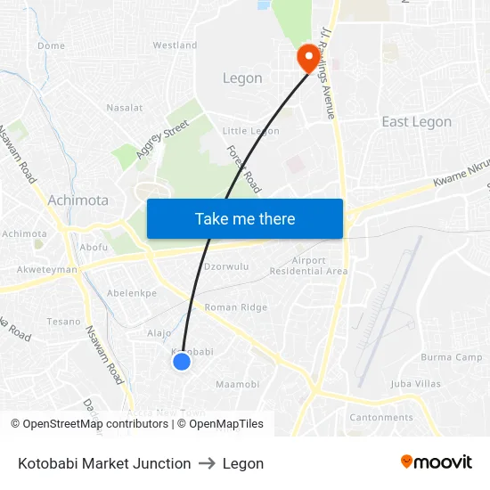 Kotobabi Market Junction to Legon map