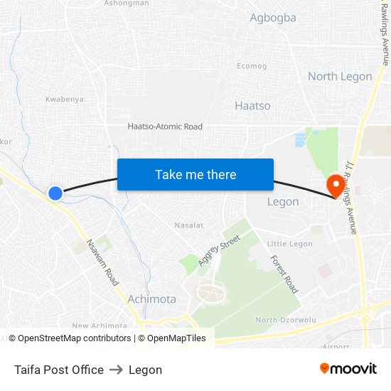 Taifa Post Office to Legon map