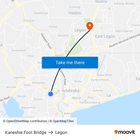 Kaneshie Foot Bridge to Legon map