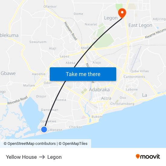 Yellow House to Legon map