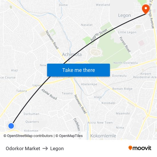 Odorkor Market to Legon map