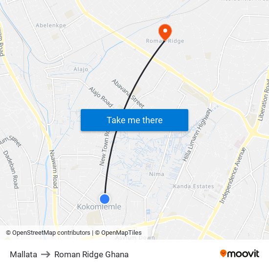 Mallata to Roman Ridge Ghana map