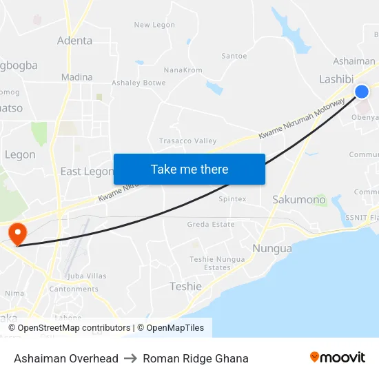 Ashaiman Overhead to Roman Ridge Ghana map